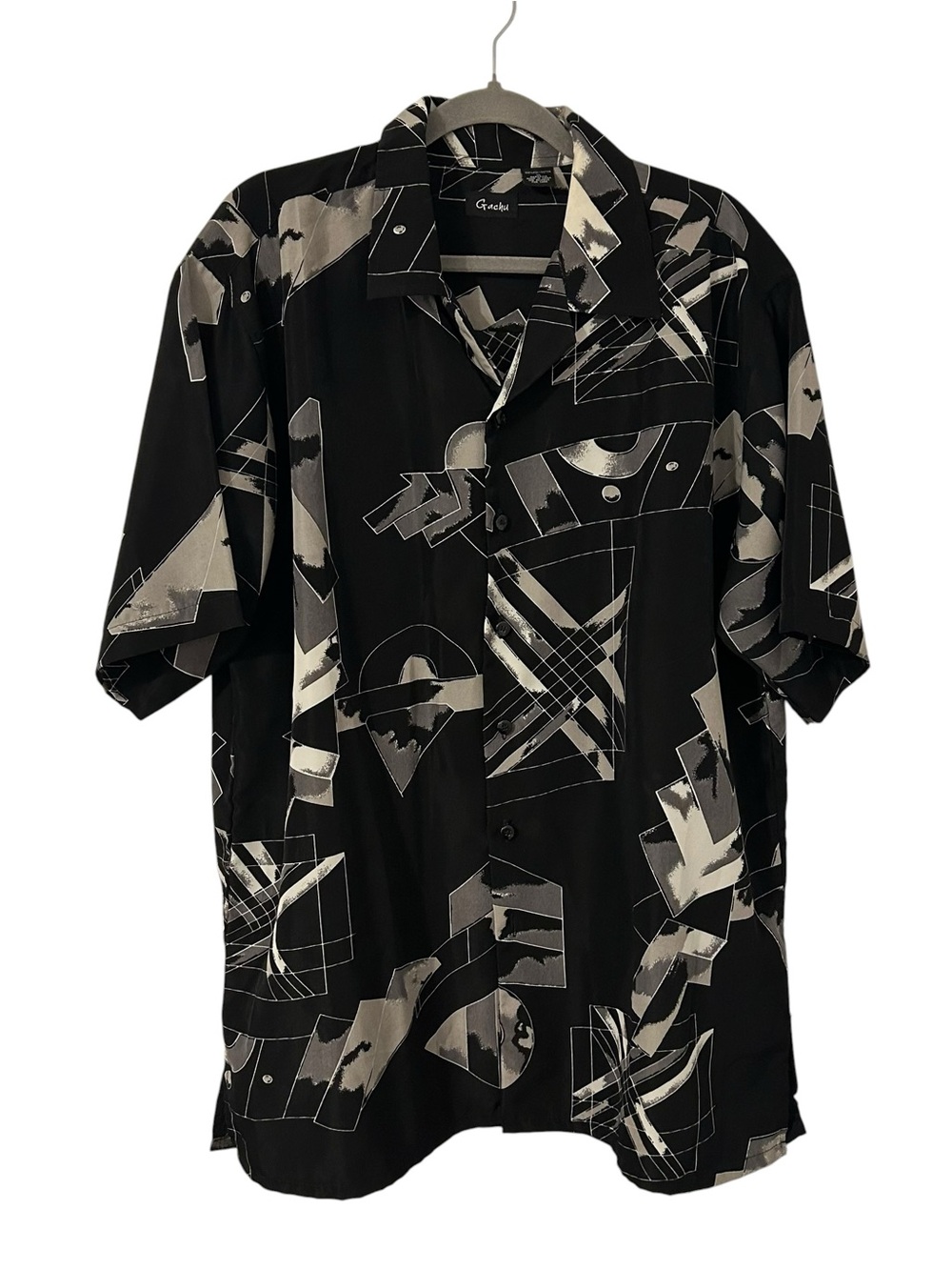 Black & White Vintage 90s Gachu Abstract Design Button Down Top Shirt Men’s XL!